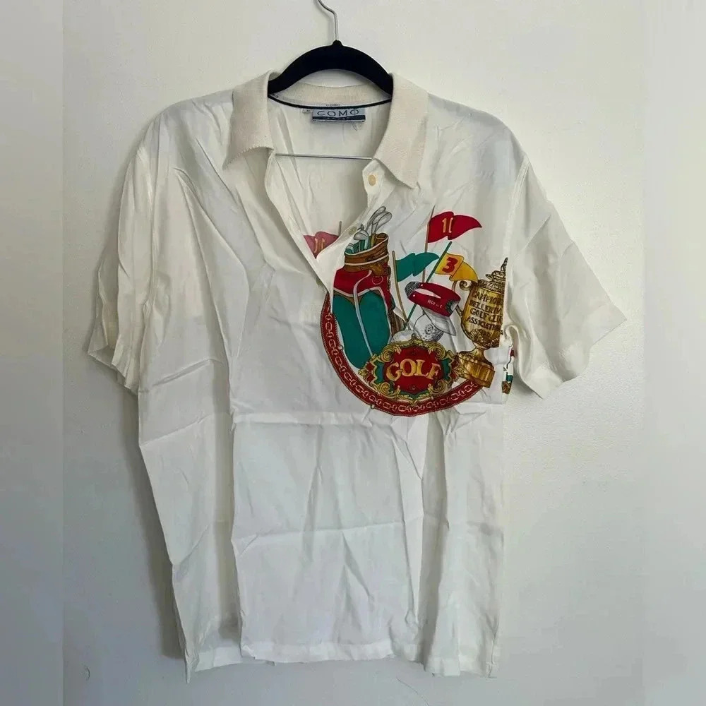 Como Sport Vintage Golf White Polo with Trophy Design, Size Medium